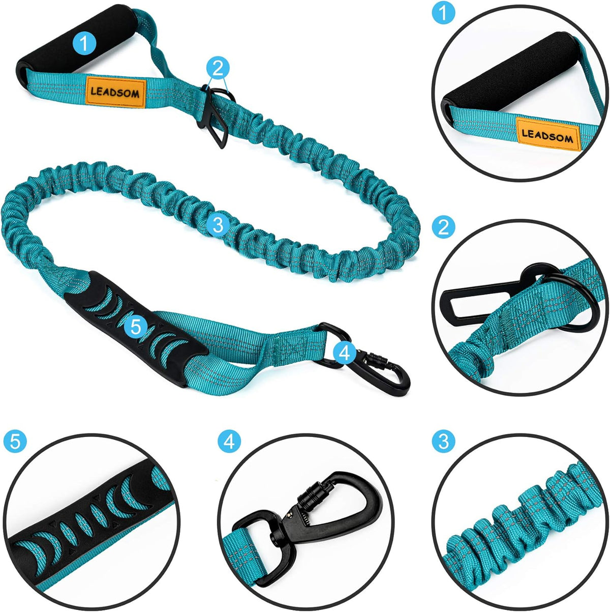 6FT Heavy-Duty Elastic Bungee Dog Leash with Shock Absorption, Padded and Traffic Handles - Ideal for Medium to Large Dogs and Training