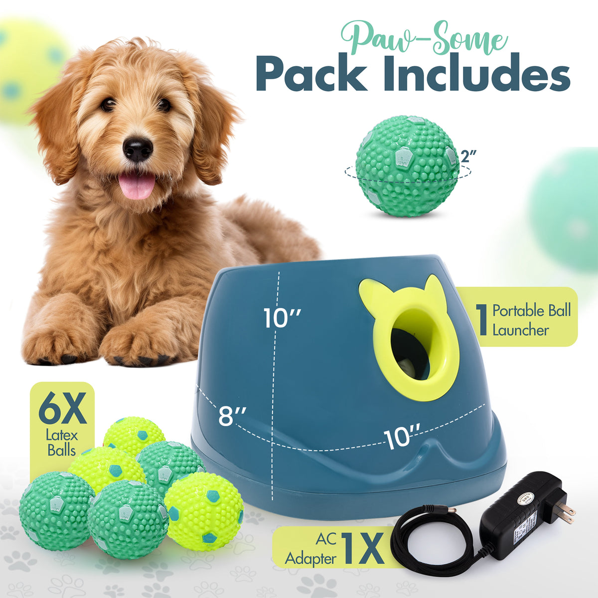 Automatic Dog Ball Launcher - Interactive Fetch Machine for Small to Medium Dogs, Includes 6 Latex Balls and Dual Power Supply