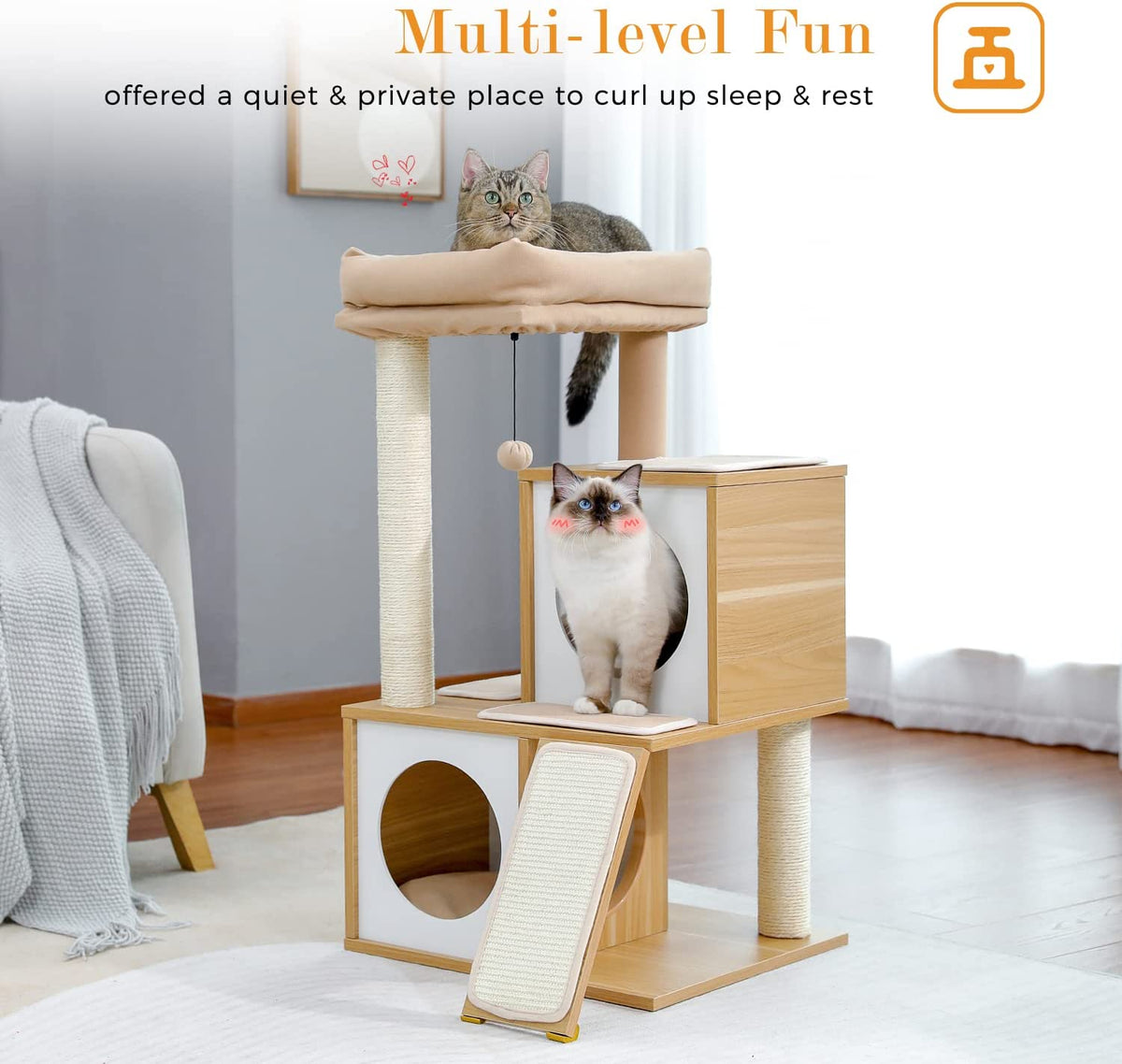 35-Inch Contemporary Cat Tower with Dual Condos for Large Cats, Crafted from Wood