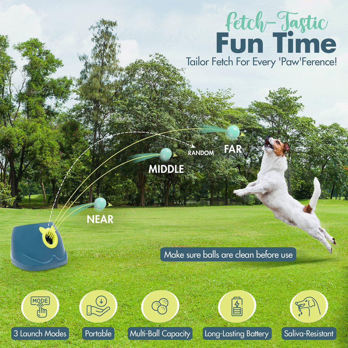 Automatic Dog Ball Launcher - Interactive Fetch Machine for Small to Medium Dogs, Includes 6 Latex Balls and Dual Power Supply