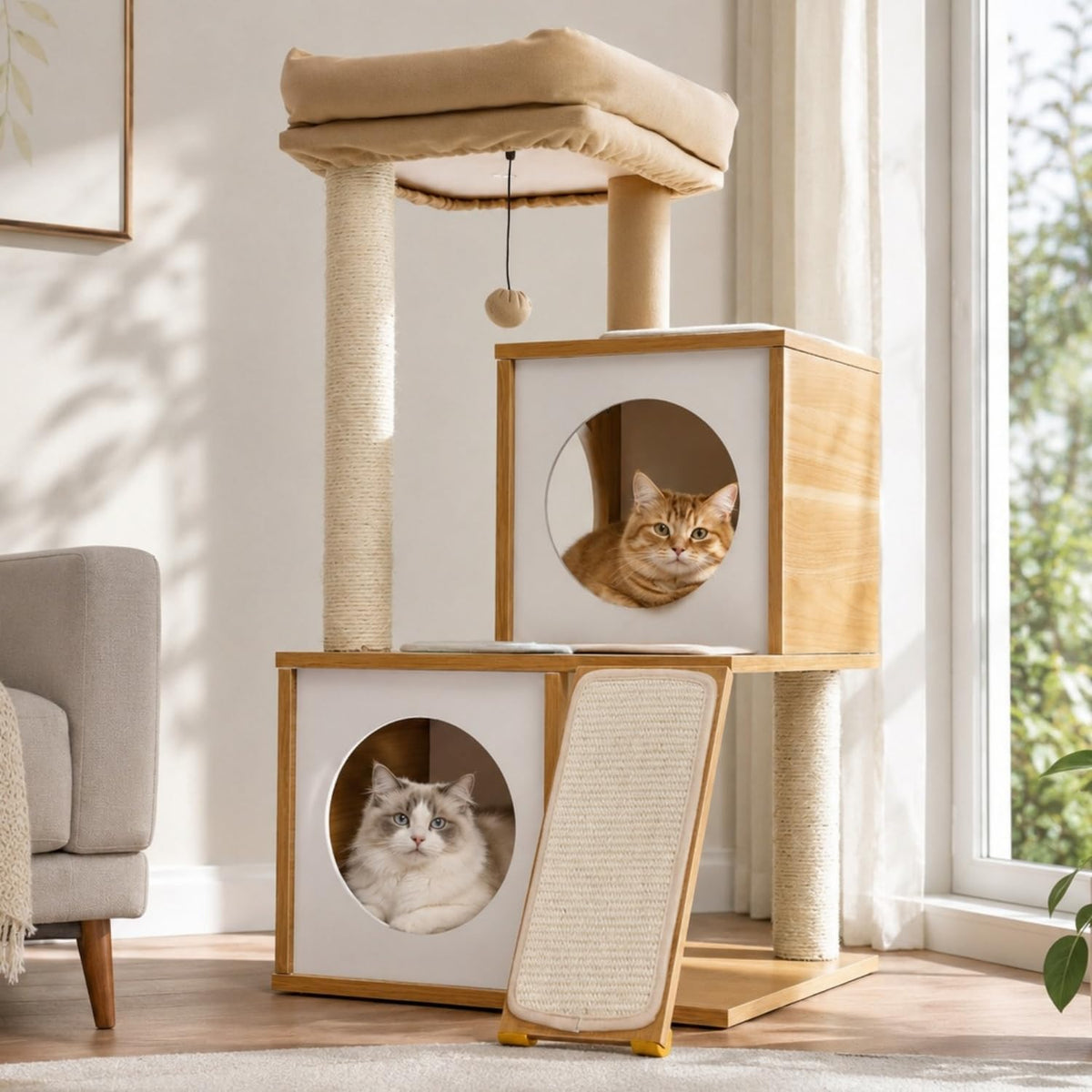35-Inch Contemporary Cat Tower with Dual Condos for Large Cats, Crafted from Wood