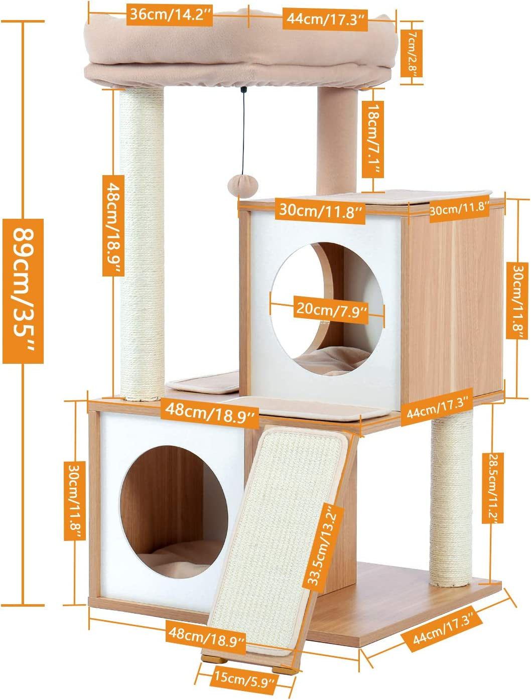 35-Inch Contemporary Cat Tower with Dual Condos for Large Cats, Crafted from Wood