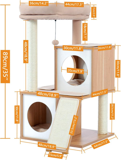 35-Inch Contemporary Cat Tower with Dual Condos for Large Cats, Crafted from Wood