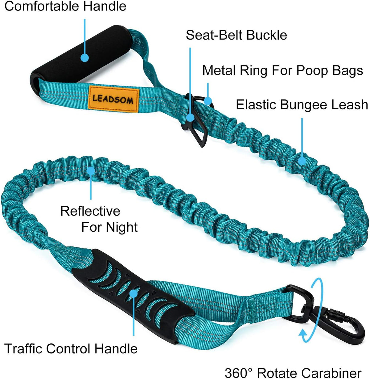 6FT Heavy-Duty Elastic Bungee Dog Leash with Shock Absorption, Padded and Traffic Handles - Ideal for Medium to Large Dogs and Training