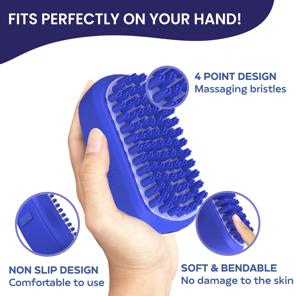 Rubber Dog Bath Scrubber and Grooming Brush with Non-Slip Grip, Blue
