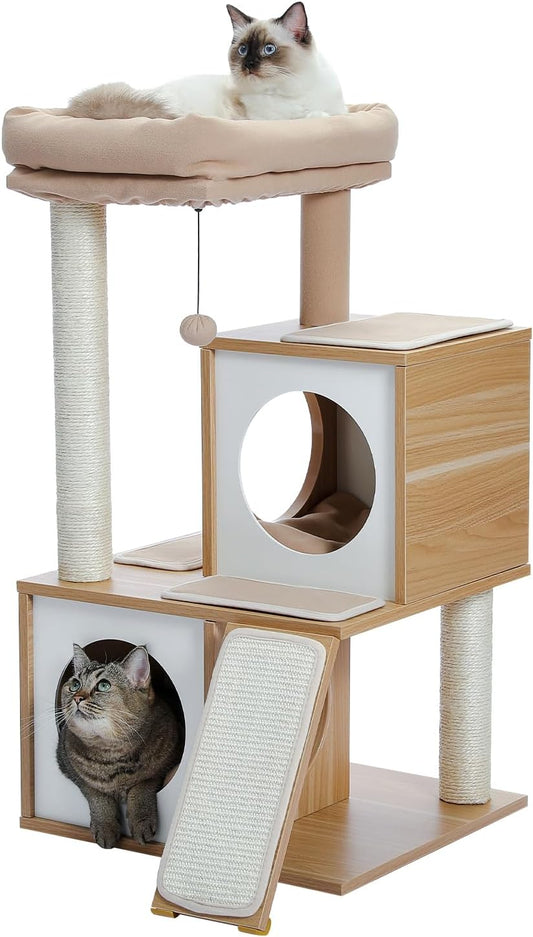 35-Inch Contemporary Cat Tower with Dual Condos for Large Cats, Crafted from Wood